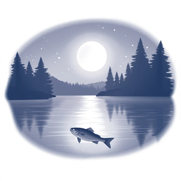 A lake at nighttime with calm water reflecting the moonlight. A walleye is swimming just beneath the surface, its distinctive elongated body and sharp fins visible. The moon casts a soft glow on the water, creating a shimmering path leading to the fish. Surrounding the lake are silhouettes of trees, their outlines softly illuminated by the light. Stars are visible in the night sky, adding a sense of depth to the tranquil scene.