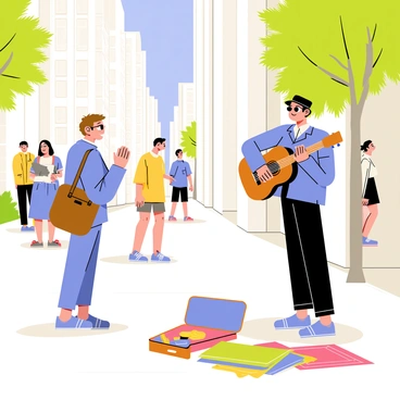 A busy pedestrian wearing a blue jacket and carrying a brown backpack pauses on a bustling city sidewalk. The pedestrian has a look of delight on their face while listening to a street musician. The street musician, a man with a black hat and sunglasses, plays an acoustic guitar with a brown wooden finish. Colorful blankets and a small open guitar case are spread out on the ground in front of him, collecting coins from passersby. Nearby, other pedestrians continue walking by, some glancing at the performance, while trees with green leaves line the street, and a clear blue sky is visible overhead.