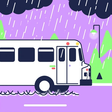 A white school bus is driving along a road during a heavy downpour. The bus is seen from the side, with water splashing up from the tires as it moves. Raindrops are trickling down the windows, creating a blurred effect that obscures the view inside. The sky is dark and filled with thick rain clouds. In the background, trees and streetlights are partially visible, their outlines softened by the rain. The bus has its lights on, illuminating the wet road ahead.
