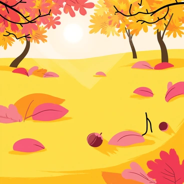 A ground covered in vibrant autumn leaves, showcasing various shades of "red," "orange," and "yellow." The leaves are scattered across a grassy area, with some leaves overlapping each other. In the background, there are trees with branches displaying colorful foliage, creating a rich tapestry of autumn colors. Sunlight filters through the leaves, casting dappled shadows on the ground, enhancing the warm tones of the scene. A few acorns and small twigs are also visible among the leaves, adding detail to the forest floor.