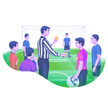 A referee meeting with team captains at the coin toss, surrounded by players in team jerseys.