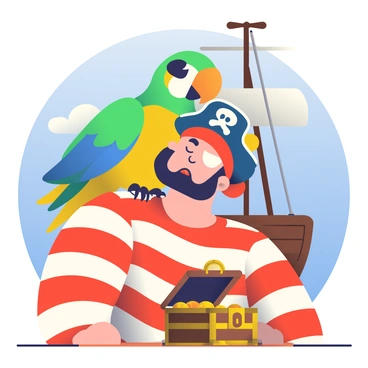 A colorful parrot perched on a pirate's shoulder with a mischievous look