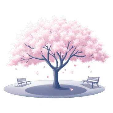 A park with a large cherry blossom tree in full bloom. The branches are laden with delicate pink flowers, creating a soft canopy overhead. Petals are gently falling from the tree, swirling in the air and landing softly on the ground. The grass in the park is lush and well-maintained, complementing the serene atmosphere. In the background, there are benches for visitors to sit and enjoy the view, while a pathway meanders through the scene, inviting leisurely strolls. The overall composition conveys a sense of tranquility in nature.