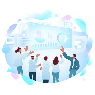 A large, glowing holographic user interface is being projected in a modern laboratory filled with advanced technology. The interface displays various icons and graphs floating in mid-air, showcasing data analytics. A team of engineers in lab coats is gathered around, interacting with the holographic elements using gestures. High-tech equipment and screens are visible in the background, along with bright blue and green lights illuminating the space. The atmosphere conveys a sense of innovation and cutting-edge research.