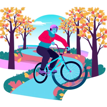 A BMX biker with a helmet and protective gear is riding along a winding nature trail. The biker has a focused expression and is performing a trick with the bicycle. The trail is bordered by trees with vibrant autumn leaves in shades of orange, yellow, and red. The ground is covered with fallen leaves, creating a colorful carpet. In the background, a clear blue sky is visible, enhancing the beauty of the natural scenery surrounding the trail.
