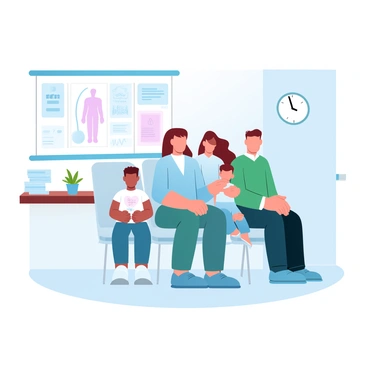 A family is sitting together in a doctor's office. The family consists of two adults and two children. The adults are wearing casual clothing, with the woman in a light blue blouse and the man in a green sweater. The children, a boy and a girl, are dressed in comfortable t-shirts and jeans, with the boy holding a toy in his hands. They are seated on a row of chairs, which have a soft texture. In the background, there is a wall with medical posters showing human anatomy and health tips. A wooden table is nearby, holding a stack of pamphlets and a small potted plant. A clock on the wall shows the time clearly.