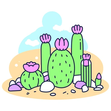 A series of flowering cacti is arranged in a desert setting. The cacti have various shapes, including tall, slender ones and shorter, round ones. Each cactus is adorned with vibrant "pink blooms" that stand out against the "sandy tones" of the desert landscape. The ground surrounding the cacti is covered in fine sand, with a few scattered rocks and pebbles. In the background, the horizon showcases distant dunes, and a clear blue sky stretches above the scene.