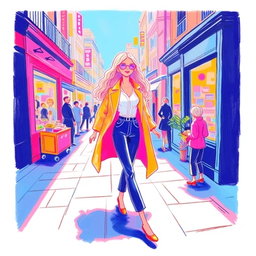 A Barbie doll is walking confidently through a bustling city street. She is wearing a sleek, modern outfit that consists of a tailored blazer and fitted trousers. Her high heels are shiny and stylish, complementing her outfit. The background is filled with tall buildings, shops, and people engaged in various activities. There are colorful banners hanging from the shops, and a couple of street vendors can be seen on the sidewalk. The scene is lively, capturing the energy of the urban environment.