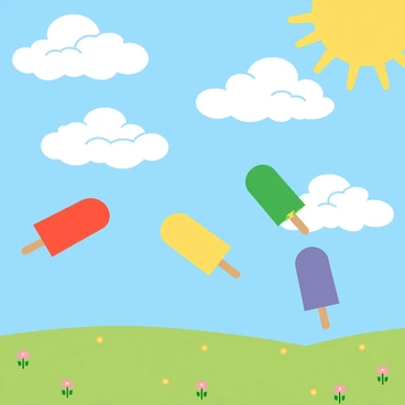 A whimsical landscape featuring a bright blue sky filled with fluffy white clouds. Several colorful popsicles are floating gently among the clouds, each popsicle showcasing various vibrant colors such as red, yellow, green, and purple. Below the clouds, a soft green meadow can be seen, dotted with small flowers in shades of pink and yellow. The sun is shining brightly, casting a warm, cheerful light over the entire scene.