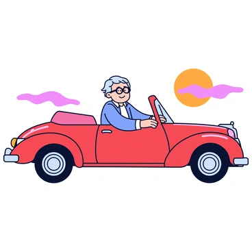 An elderly driver with gray hair smiles while sitting in a classic vintage car. The car has a shiny red exterior with chrome detailing and whitewall tires. The setting sun casts a warm orange and pink glow in the background. The driver is wearing a light blue shirt and round glasses. The car's windows are rolled down, and there is a soft breeze ruffling the driver's hair. The scene captures a sense of nostalgia and joy.