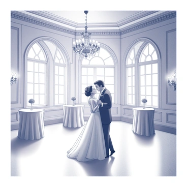 A grand ballroom adorned with intricate moldings and high, arched windows that allow light to filter in. In the center of the room, a couple is elegantly dressed, sharing their first dance. The woman is wearing a flowing gown, while the man is in a classic tuxedo. They are surrounded by a polished wooden floor that reflects the light, enhancing the atmosphere of the moment. Crystal chandeliers hang from the ceiling, casting soft shadows around the space. Tables set with fine linens and ornate centerpieces are positioned along the walls, adding to the opulence of the setting.
