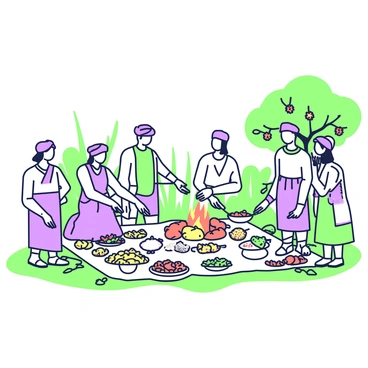A group of Indian farmers is gathered in a field, preparing for a community feast in celebration of a local harvest festival. They are wearing traditional attire, including colorful turbans and sarees. In the center, a large cloth is spread on the ground, covered with a variety of dishes including rice, lentils, and an array of vegetables. Some farmers are busy cooking over an open fire, while others are arranging fresh fruits and breads on the cloth. Surrounding them are baskets filled with harvested crops, and decorations of marigold flowers are hanging from nearby trees. The atmosphere is lively, with laughter and conversation as the community comes together to share the bounty of the harvest.