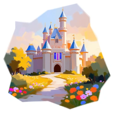 A grand castle with tall spires and intricate stonework dominates the scene, showcasing large arched windows and decorative battlements. The castle is surrounded by lush, green landscapes filled with vibrant trees and flowering plants. A winding path leads up to the main entrance of the castle, adorned with bright banners fluttering in the breeze. In the foreground, there are colorful wildflowers scattered across the ground, adding pops of color to the scene. The sky above is a soft gradient of warm hues, suggesting a sunset casting a golden glow over the entire landscape.