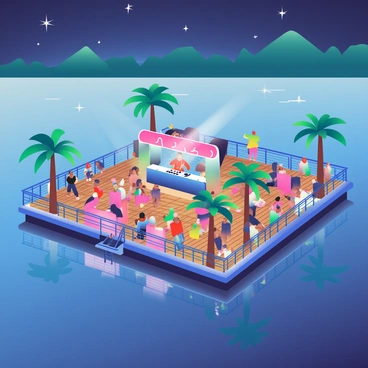A vibrant floating river club is situated on the Sava River, illuminated with colorful neon lights in shades of blue, pink, and green. The club features several wooden decks with people dancing and socializing, while some are seated at tables enjoying drinks. In the background, the calm water of the river reflects the bright lights from the club and the stars in the night sky above. Palm trees are placed around the club, swaying gently in the evening breeze. A large DJ booth with a lively DJ can be seen, surrounded by speakers and a crowd dancing energetically.