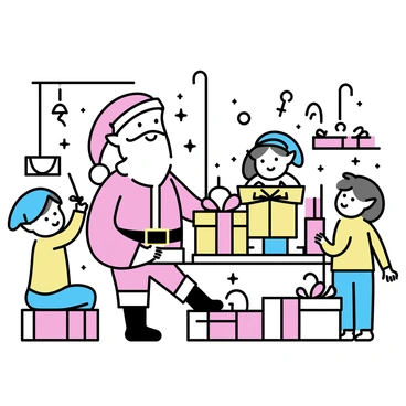 A jolly Santa Claus, wearing a traditional red suit and white beard, is standing in his workshop. He is surrounded by several elves, each busy wrapping gifts in brightly colored paper. One elf, with pointed ears and a green hat, is meticulously tying a red ribbons on a large present. Another elf, wearing a yellow shirt, is stacking neatly wrapped gifts in the corner. The workshop is filled with an array of toys, candy canes, and festive decorations, creating a lively atmosphere of holiday preparation.