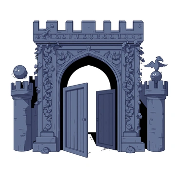 A large castle gate is standing tall and imposing, crafted from dark stone with intricate carvings. The carvings depict various mythical creatures such as dragons, griffins, and phoenixes, each detailed and lifelike. The gate is slightly ajar, revealing a hint of a grand courtyard beyond. Above the gate, there is an ornate archway adorned with additional carvings and vines. The overall atmosphere is one of mystery and strength, drawing attention to the magnificent craftsmanship of the gate.