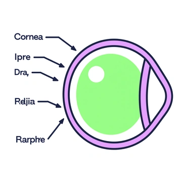 An illustration of the human eye anatomy with labeled parts. The eye is depicted in a side view, showcasing its distinct features. The "cornea" is prominently displayed at the front, transparent and curved. The "iris" is positioned behind the cornea, colored and circular, surrounding the "pupil," which is a small black opening. The "lens" is illustrated directly behind the iris, appearing slightly rounded. The "retina" lines the inside at the back of the eye, capturing light. Each part is labeled clearly with arrows pointing towards them. Overall, the illustration provides a detailed view of the components of the human eye.