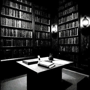 An ancient library is filled with towering bookshelves that stretch towards a high ceiling. The shelves are densely packed with numerous leather-bound books, their spines lined up in perfect rows. Soft candlelight flickers from wrought iron sconces mounted on the walls, casting warm shadows across the wooden floor. Dust motes dance in the air, illuminated by the glow of the candles. A large wooden table sits in the center of the library, scattered with open books and an ornate quill and inkpot.