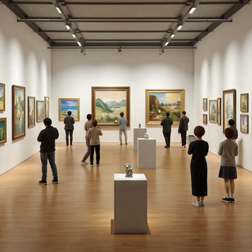 A spacious art gallery with high ceilings and polished wooden floors. The walls are adorned with various paintings in ornate frames, showcasing a diverse collection of artwork, including landscapes, portraits, and abstract pieces. Each painting is strategically illuminated by soft, directional lighting, highlighting the vibrant colors and intricate details. In the center of the gallery, there are minimalist display pedestals with small sculptures, adding to the overall elegance of the space. Visitors can be seen admiring the artworks, some taking notes or discussing the pieces with one another.