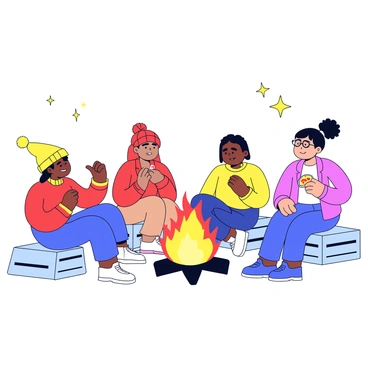 A group of city dwellers is gathered around a vibrant street bonfire. Each person is seated on a simple wooden crate, facing the flames. One individual, wearing a yellow beanie, is animatedly gesturing as they share their story. Nearby, a woman in a red scarf listens intently, her expression reflecting curiosity. Another person in glasses has a thoughtful look, holding a half-eaten slice of pizza. The bonfire casts a warm glow on their faces, illuminating the spark of imagination and connection in the night air. A few scattered stars twinkle above, adding to the atmosphere of camaraderie.