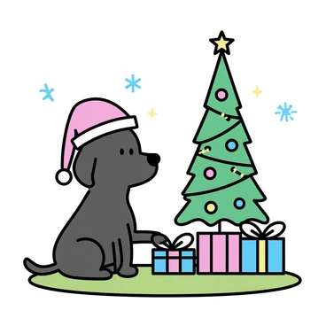 A black dog sitting on a green carpet, wearing a red and white festive Christmas hat. Next to the dog is a decorated Christmas tree, adorned with colorful ornaments and twinkling lights. The tree is positioned against a wall with a pattern of snowflakes. In the background, there are wrapped presents, varying in size and color, arranged neatly at the base of the tree.