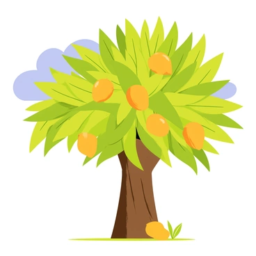 A lush mango tree with a thick, sturdy trunk and a wide canopy filled with vibrant green leaves. The tree is bursting with ripe mangoes, showcasing shades of golden yellow and hints of orange. The scene is set against a bright blue sky, dotted with a few fluffy white clouds. Sunlight filters through the leaves, casting playful shadows on the ground beneath the tree.