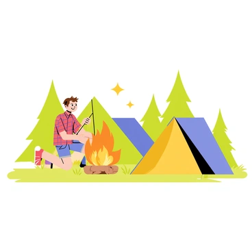 A cartoon boy with short brown hair, wearing a red and blue checkered shirt and denim shorts, is roasting a marshmallow on a long stick over a bright orange campfire. The flames are dancing, casting light on his smiling face. Surrounding him are three colorful tents: one is green, one is blue, and one is yellow, all set up on a grassy area. In the background, there are tall trees with green leaves, and a starry night sky can be seen above.