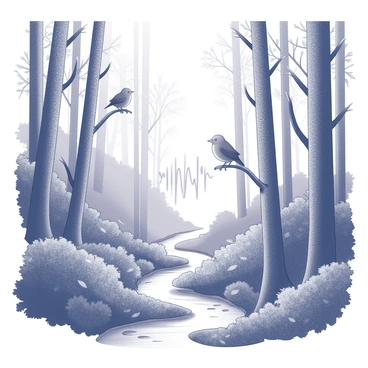 A dense forest filled with tall trees and lush foliage. The sound waves are visually represented as gentle curves and lines emanating from various sources. Birds are perched on branches, with their wings slightly spread, suggesting movement and making them the focal point of the sound waves. A small stream flows through the scene, with ripples and splashes indicated along its surface. Leaves are shown fluttering in the breeze, adding to the sense of activity in the forest. The overall composition captures a vibrant ecosystem showcasing the interconnectedness of nature's elements.