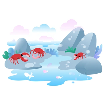 A group of crabs is scuttling over the rocky surface of a coastline, their shells reflecting the gradient pastel colors of the setting sun. Nearby, several small fish are swimming through shallow pools of water left by the receding tide, their bodies glistening in shades of soft blues and greens. The rocky formations create a textured landscape, with patches of seaweed and barnacles adding detail. In the background, gentle waves are lapping against the rocks, further illustrating the dynamic nature of the low tide environment.