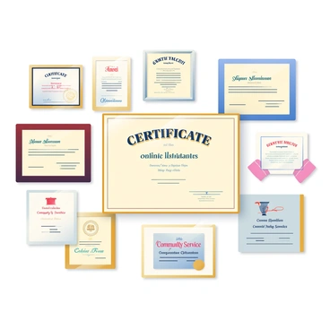 A wall is covered with a variety of certificates in different frames. There is a prominent certificate for online illustration displayed in the center, featuring elegant typography and decorative borders. Surrounding it are certificates for achievements in various fields, including awards for academic excellence and community service. The frames are of different colors, including gold, silver, and dark wood, creating a visually appealing collage. The wall itself is painted a soft, neutral color that enhances the appearance of the certificates.