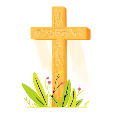 A beautifully decorated wooden cross with intricate carvings, showcasing floral patterns and symbols. The cross is surrounded by vibrant green foliage, including large leaves and small flowering plants. Sunlight filters through the trees, casting soft shadows on the ground around the cross. The scene conveys a sense of peace and renewal.