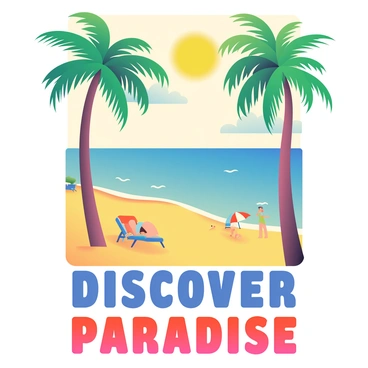 A retro travel poster features a vibrant beach scene. In the foreground, tall palm trees with lush green fronds are swaying gently in the breeze. The sandy beach is golden, dotted with colorful beach umbrellas and sunbathers. A crystal-clear blue ocean stretches into the distance, with gentle waves lapping at the shore. In the sky, a bright yellow sun radiates warmth, surrounded by a few fluffy white clouds. In the bottom portion of the poster, the text reads "Discover Paradise" in bold, vintage font. The overall composition exudes a nostalgic vacation vibe.