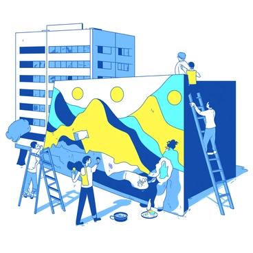 A group of artists is actively painting a large mural on the exterior wall of an agency building. The mural features vibrant shades of yellow and blue, showcasing a dynamic scene of abstract shapes and flowing patterns. Several artists are using ladders to reach the upper sections of the wall, while others are carefully applying paint at the base. Each artist is holding different paintbrushes and palettes, demonstrating collaboration and creativity. The bright sunlight casts shadows on the wall, enhancing the colorful artwork. The agency building stands tall in the background, providing a striking contrast to the lively mural.