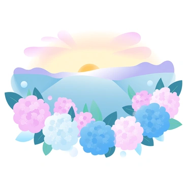 A vast field filled with blooming hydrangeas in various shades of pink, blue, and white. The flowers are densely clustered, creating a vibrant tapestry across the landscape. The sky above them is painted in warm hues of orange, yellow, and soft purple as the sun sets on the horizon. Gentle rays of light filter through the petals, enhancing their colors. The scene is framed by distant rolling hills, adding depth to the picturesque setting.