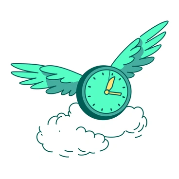 A teal clock with delicate, feathered wings is soaring through the air. The clock has a round face displaying the time at three o'clock, with golden hour and minute hands pointing towards the numbers. The wings are spread wide and appear to be flapping gently, giving the impression of flight. Below the clock, there are soft, swirling white clouds, enhancing the sense of movement and lightness. The overall image conveys the concept of time escaping swiftly into the distance.