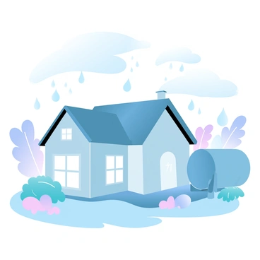 A house with a sloped roof is prominently featured, with rainwater visibly flowing from the rooftop into a collection system. The system includes a large, cylindrical rainwater tank positioned next to the house, capturing the water. Surrounding the home is a well-maintained garden with various plants and flowers flourishing in the moist environment. The sky above is overcast, and light rain is falling, creating a serene atmosphere around the home.