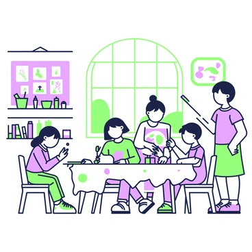 A classroom filled with children engaged in painting and drawing activities. In the center, a group of four children are both sitting and standing around a large table covered in sheets of paper. Each child is focused on their artwork, with vibrant colors on their brushes and palettes. One child is sketching with a green crayon, while another is using a purple paintbrush to create a colorful scene. On the wall behind them, several completed drawings are pinned up, showcasing different styles and themes. In the corner of the room, there are shelves filled with art supplies, such as colored pencils and paint tubes. A large window allows natural light to brighten the space, adding to the lively atmosphere.