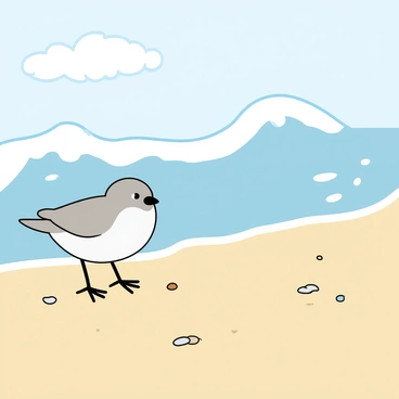 A small, round bird with soft, fluffy feathers in shades of white and light gray, standing on a beige sandy beach. The bird has bright, beady eyes and a short, pointed beak. It appears alert, facing the water as a gentle wave rolls towards the shore. The wave is a light blue color, with frothy white tips starting to crest. Small droplets of water spray from the wave as it approaches the sandy surface, where tiny bits of seashells and pebbles are scattered around the bird's feet. The sky above is clear with a few fluffy clouds.