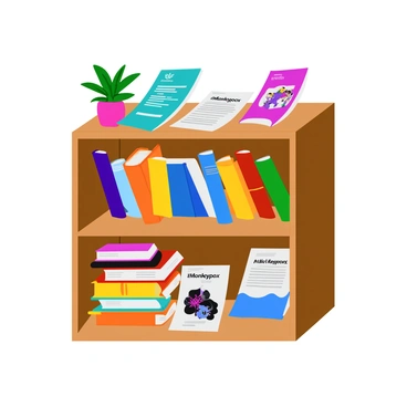 A bookshelf filled with informative books and pamphlets on monkeypox and public health resources.