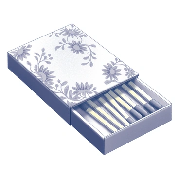 A matchbook with an elegant design representing a Parisian café. The cover is adorned with intricate floral patterns that flow organically across the surface. Each flower and leaf is delicately detailed, creating a sense of depth and texture. The matchbook is slightly open, revealing the matches inside, with a focus on the craftsmanship of the binding. The overall shape is rectangular, and the edges are finely trimmed, enhancing its refined appearance.