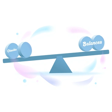 A balance beam is positioned in the center of the image, perfectly horizontal. On one side of the beam, there is a weight labeled "Checks" resting securely. On the opposite side, another weight is placed, labeled "Balances." The beam shows a slight tilt due to the positions of the weights. The background is filled with gradient pastel colors that create a soft and harmonious atmosphere around the scene.