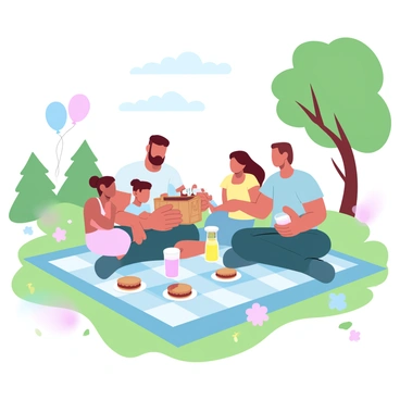 A family is sitting on a picnic blanket spread out on the grass in a park. The family consists of four members: two adults and two children. The adults are holding a basket filled with food, while one child is pouring juice into cups. Nearby, there are colorful plates and sandwiches scattered on the blanket. In the background, there are green trees and patches of blooming flowers. There are balloons tied to a nearby tree branch. The scene is vibrant with various shades of green, pink, and yellow, portraying a joyful outdoor setting.