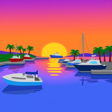 A tranquil marina during sunset with a rich gradient of warm orange and purple hues filling the sky. Several yachts and small boats are anchored, their hulls reflecting the vibrant colors of the sunset on the water's surface. The boats are gently rocking, creating soft ripples that shimmer in the light. In the foreground, there are a few docked boats with detailed rigging and colorful sails. Palm trees line the marina, adding a tropical touch to the scene.