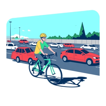 A teal bicycle glides smoothly alongside a row of vibrant red cars on a bustling highway. The cyclist, wearing a bright yellow helmet, is pedaling confidently in the bike lane. The roadway is filled with various vehicles, creating a dynamic scene. Above, a clear blue sky stretches out, contrasting with the colorful automobiles. The cyclist's shadow stretches along the asphalt, while the surrounding scenery includes tall concrete barriers and green trees in the distance.