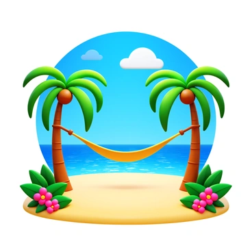 A tropical beach scene with a soft, sandy shoreline. "Palm trees" with lush green fronds sway gently in the breeze. In the background, "crystal-clear water" reflects sunlight, creating sparkling patterns. A "hammock" is suspended between two trees, inviting relaxation. The sky is vibrant blue, dotted with a few fluffy white clouds. Tropical flora surrounds the area, adding vivid colors and textures.