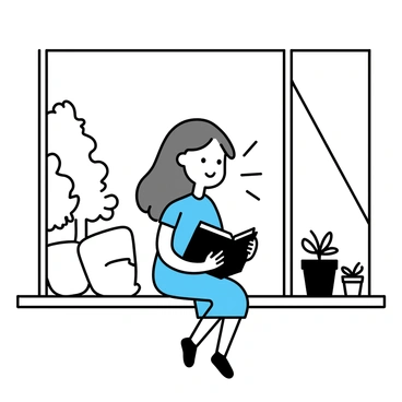 A girl with long brown hair is sitting on a wide window sill, surrounded by a few potted plants. She is wearing a light blue dress and has a book open in her lap. Sunlight streams in through the large window, casting gentle shadows on her face. Outside the window, trees can be seen swaying slightly in the breeze. The interior space is cozy, with soft cushions arranged behind her, inviting a sense of tranquility as she reads.