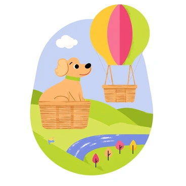 A goldendoodle with soft, curly fur is sitting in a wicker basket of a colorful hot air balloon. The balloon is adorned with bright, cheerful patterns. Below, a scenic landscape stretches out, featuring rolling green hills, a sparkling river, and clusters of vibrant trees. The sky is a clear blue with a few fluffy white clouds. The goldendoodle is looking out of the basket, its ears flapping gently in the breeze, enjoying the view from above.