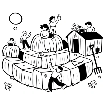 A large hay bale maze filled with children of various ages navigating through the tall stacks of hay. Some children are peeking over the bales while others are climbing on top of a bale, excitedly pointing towards the exit. A few children are holding small flags as they search for clues. The sun casts long shadows on the ground, and there are scattered autumn leaves around the maze. In the background, a rustic barn can be seen with a pitchfork leaning against it.