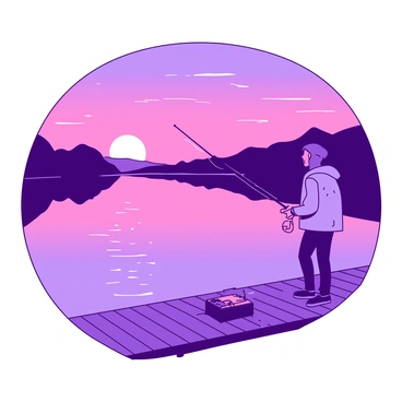 A person fishing at the edge of a calm lake during dusk, with colorful reflections on the water.