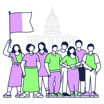 A diverse group of people stands together, each holding a piece of a national flag. The individuals represent various ethnicities and genders, showcasing a wide range of skin tones and hairstyles. They are dressed in a mix of casual and formal attire, reflecting the diversity of the population. Each person holds their piece of the flag high, with expressions of pride and determination on their faces. In the background, the outline of a prominent building representing justice is visible, symbolizing the Constitution that unites them. The sky above them is clear, creating a sense of openness and hope.